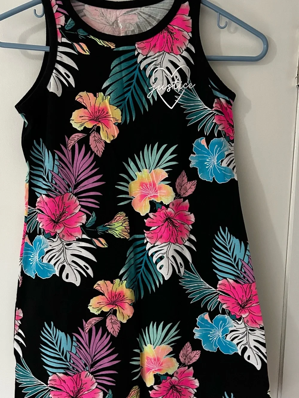 Justice Black Floral Tank Dress with Pink and Teal Accents